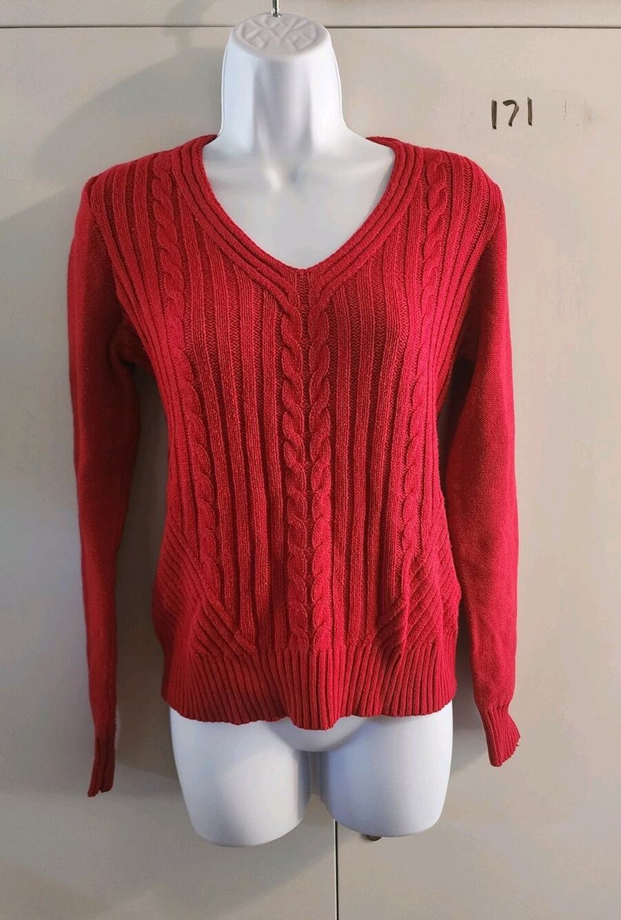 Vintage Chaps Classics Womens Red Cable Knit V Neck Sweater Small Y2K Cotton